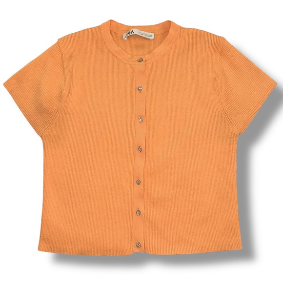 Zara Sweaters - ZARA Ribbed Cardigan Sweater‎ Women's M Orange Rhinestone Short Sleeve